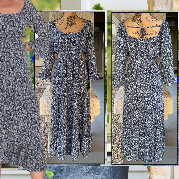 Lulus Blissful Sweetie Navy Blue Paisley Tiered Waist Cutouts Midi Dres Size M - Picture 1 of 11